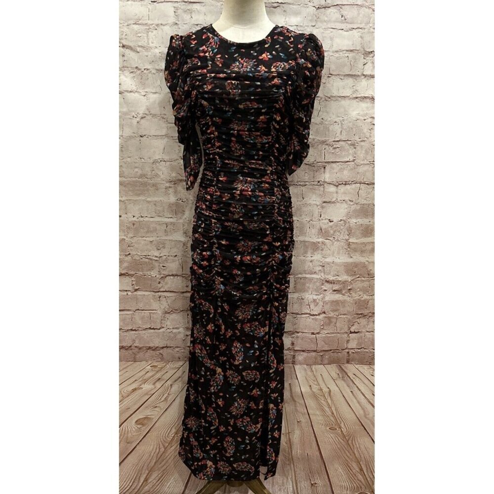 FREE PEOPLE Womens Briella Ruched Midi Dress Twilight Combo Sheer Mesh Size XS